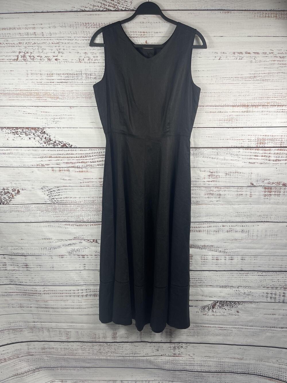 Andrea Jovine Dress Women's 12 Black Linen Sleeveless Maxi Fit Flare Open Back